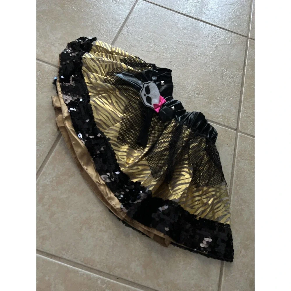 Girl’s Monster High Metallic Gold & Black Skirt Tutu Elastic Waist Sequins Mesh